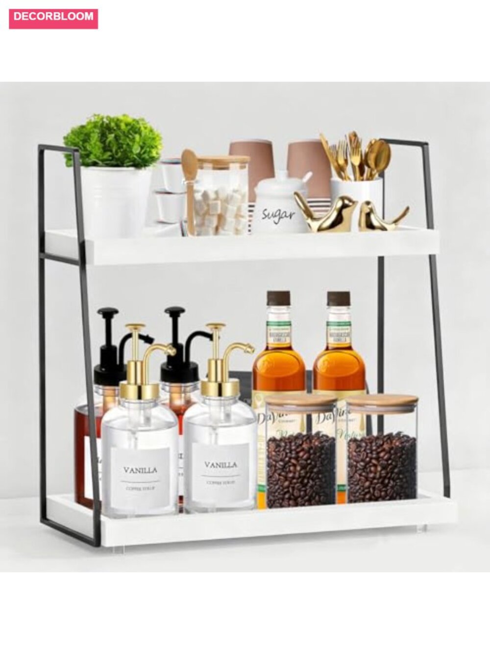 2-Tier Coffee Bar Organizer Countertop Shelf with Metal Brackets, Wood Syrup